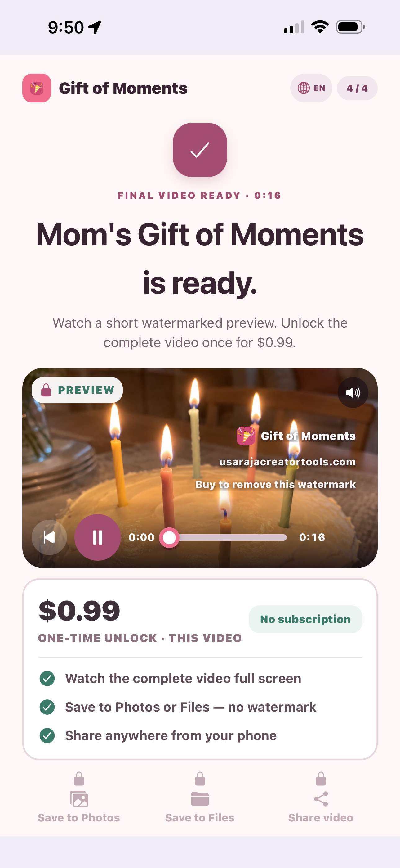 The finished gift video ready to watch and share